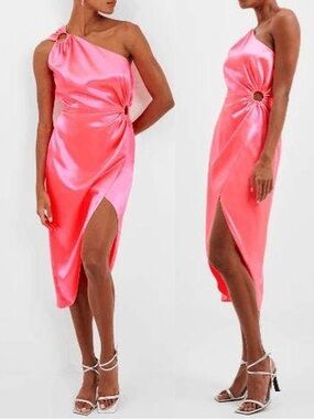 French Connection Coral Pink One-Shoulder Satin Dress with Side Ring